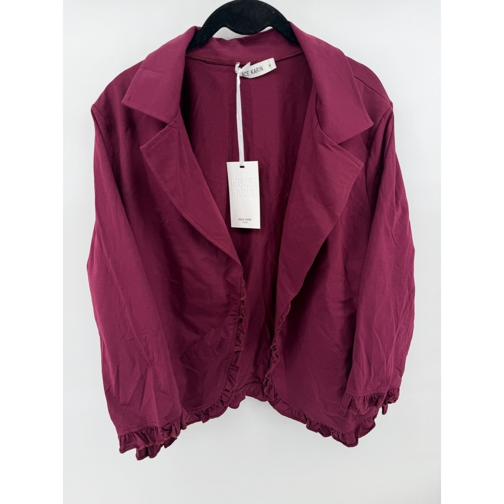 Grace Karin Womens XL Burgundy Ruffle Trim Open Front Blazer Jacket Wine New